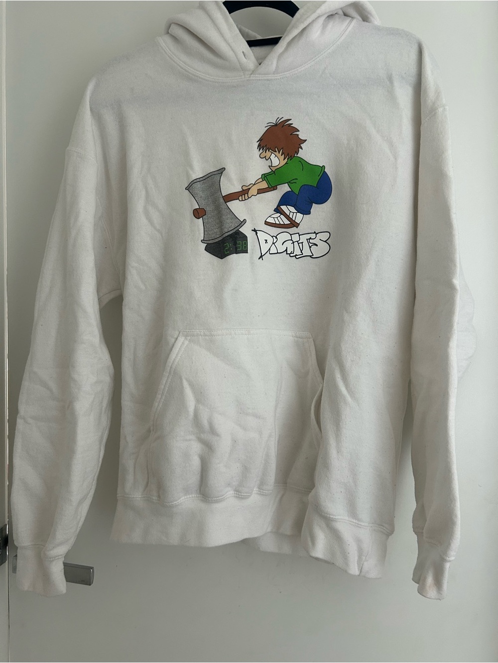 White Graphic Pullover Hoodie with Cartoon Hammer Design